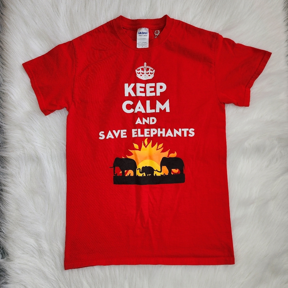 Gildan Red Short Sleeved T-Shirt with Keep Calm and Save Elephants Design
